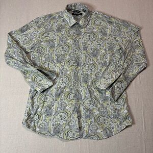Stacy Adams Shirt Mens Size XL - 17 Gray Yellow Paisley Western Button Down